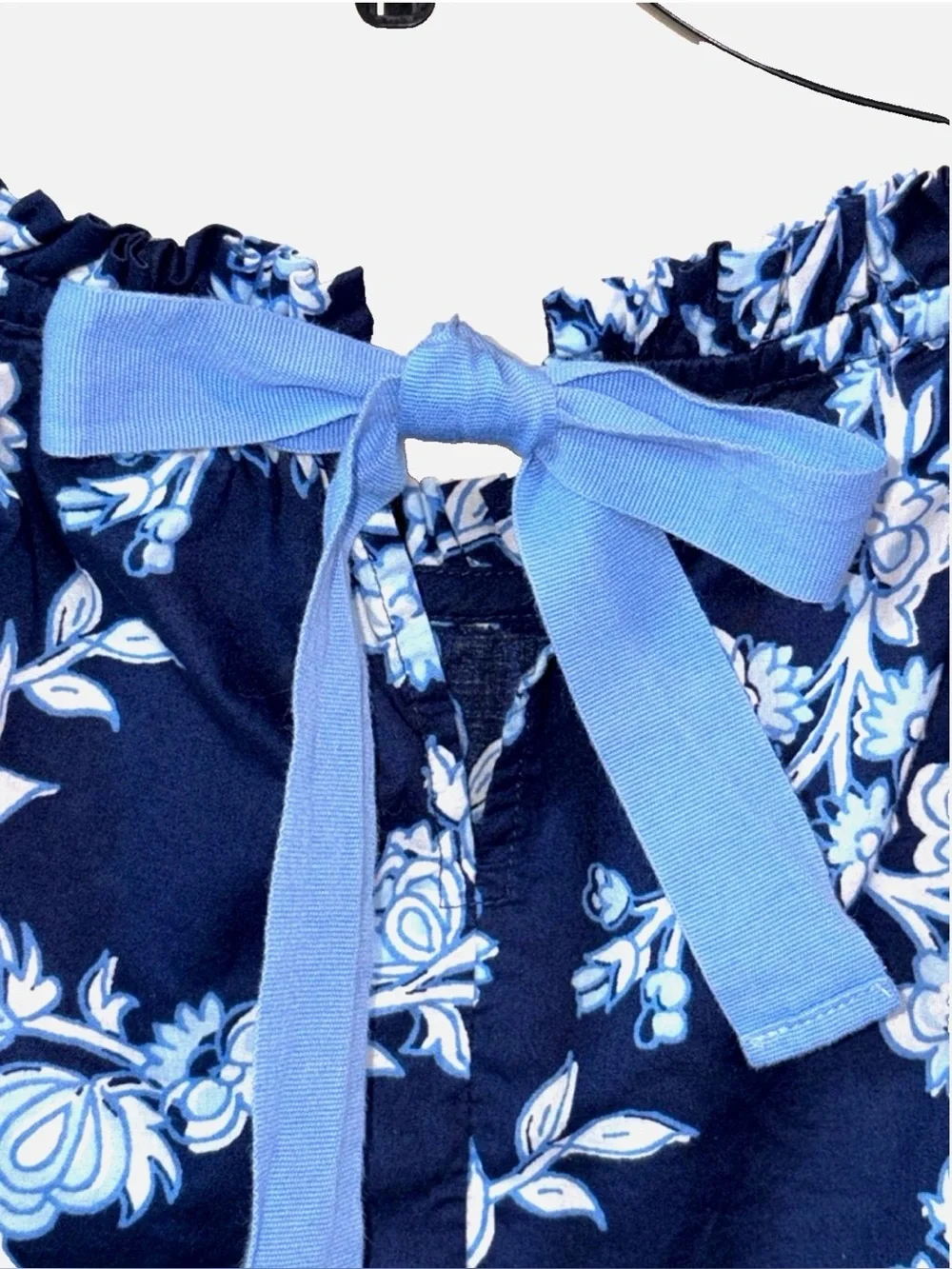 J.Crew Peasant Blouse XS Navy Blue Floral Tie Neck Boho Long Sleeve